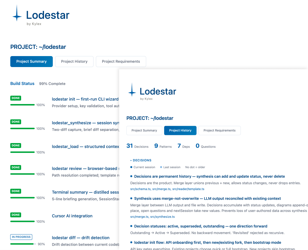 Lodestar project dashboard showing build status, architecture, and session decisions